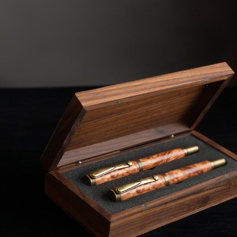 实木对笔礼盒・可雷射雕刻 - 钢珠笔 - 木头 咖啡色