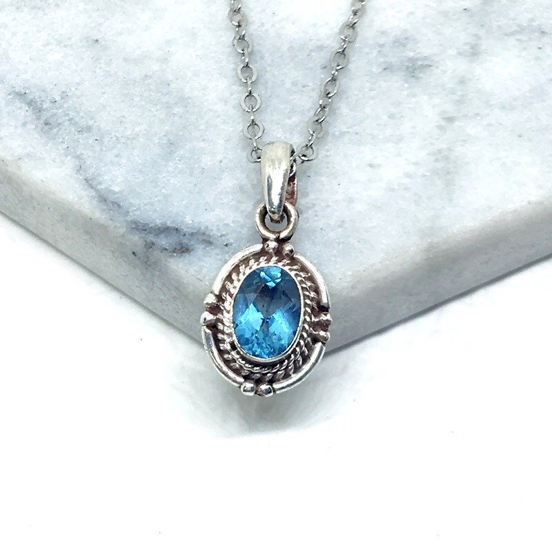 蓝托帕石925纯银典雅设计项链 尼泊尔手工镶嵌制作 - 项链 - 宝石 蓝色