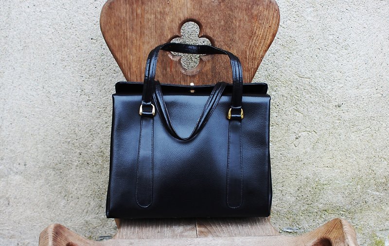 B158[Vintage皮包](意大利制)黑色古董包手提包方包 - 手提包/手提袋 - 真皮 黑色