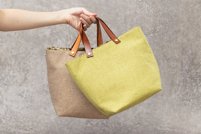 【极简系列】手工皮革手提布包 | 手提袋 | 浅卡其色 | 草地绿 | - 手提包/手提袋 - 棉．麻 卡其色