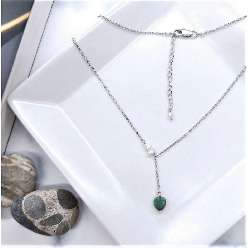 项链。珍珠*绿松石爱心不锈钢Y字细链 - 项链 - 宝石 绿色