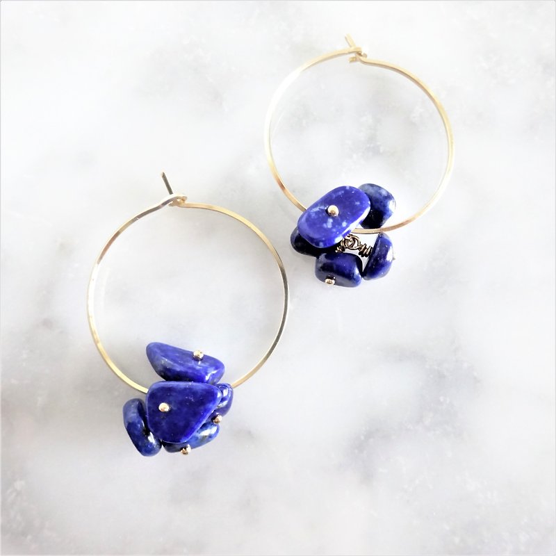 14kgf*Lapis lazuli flowers hoop pierce耳針式可変耳夾 - 耳环/耳夹 - 宝石 蓝色