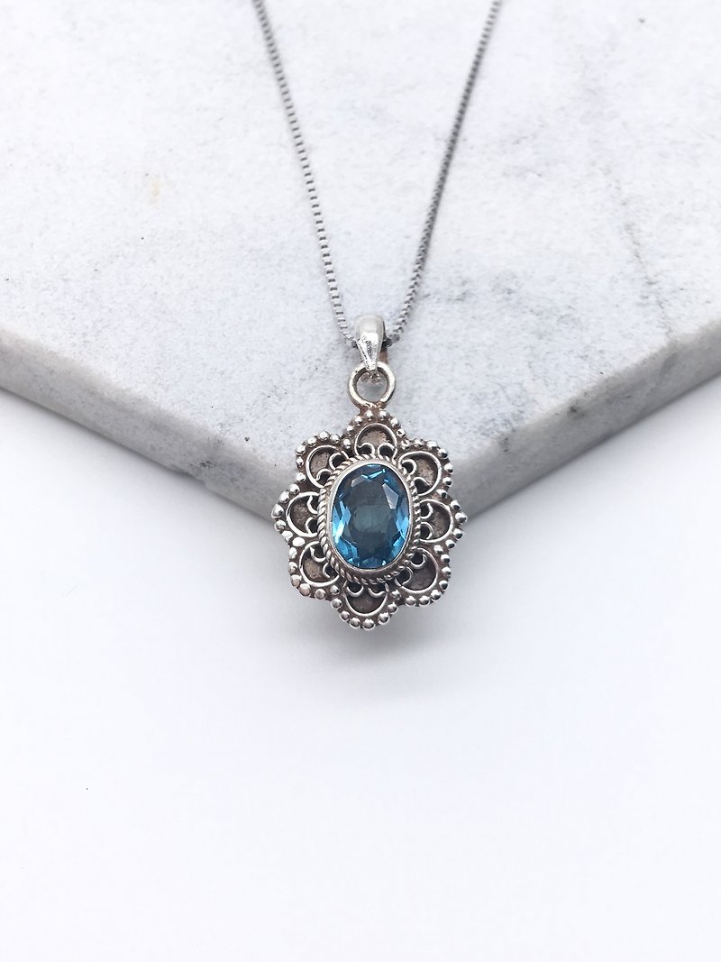 蓝托帕石925纯银典雅花朵项链 尼泊尔手工镶嵌制作 - 项链 - 宝石 蓝色