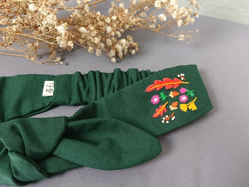 头上的花园系列-红叶秋色手工刺绣发带 - 发饰 - 绣线 绿色