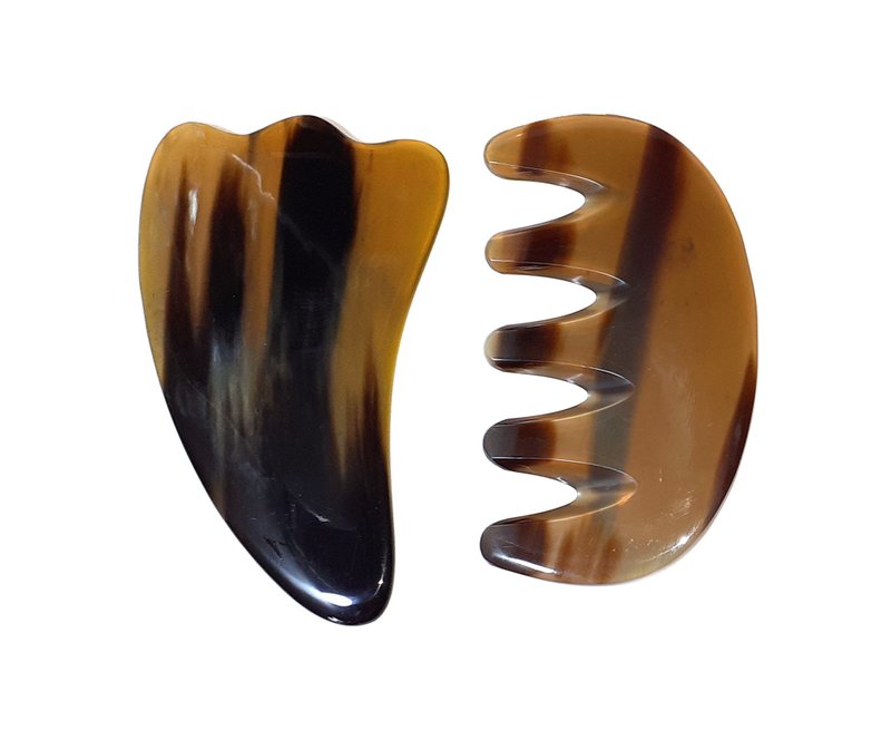 Gua Sha Tools for Face Body, Set 2pcs Gua Sha Massage Handmade from Buffalo Horn - 脸部按摩/清洁工具 - 环保材料 咖啡色