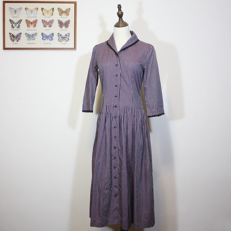 Made in Japan日本制洗标(Vintage古着洋装)紫色格纹洋装F3511 - 洋装/连衣裙 - 棉．麻 紫色