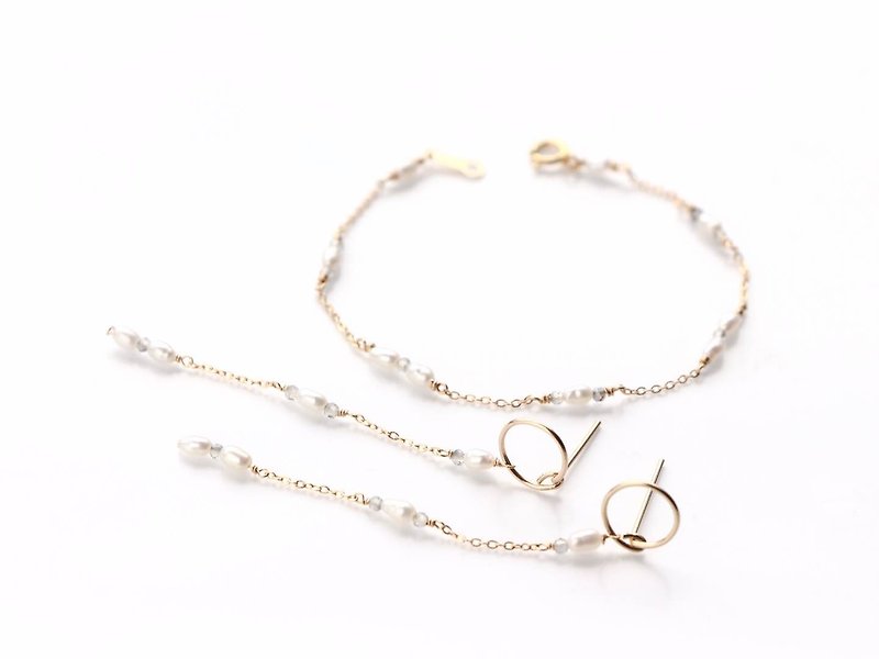 14kgf-mystic topaz & pearl set item -pierced and bracelet-size order/可換耳夾 - 手链/手环 - 宝石 白色