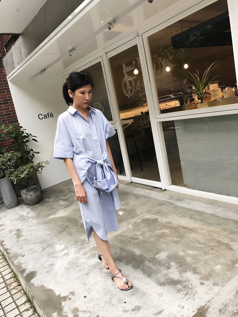ZUO 蓝白细千鸟格纹假袖可打结衬衫式洋装 - 洋装/连衣裙 - 棉．麻 多色