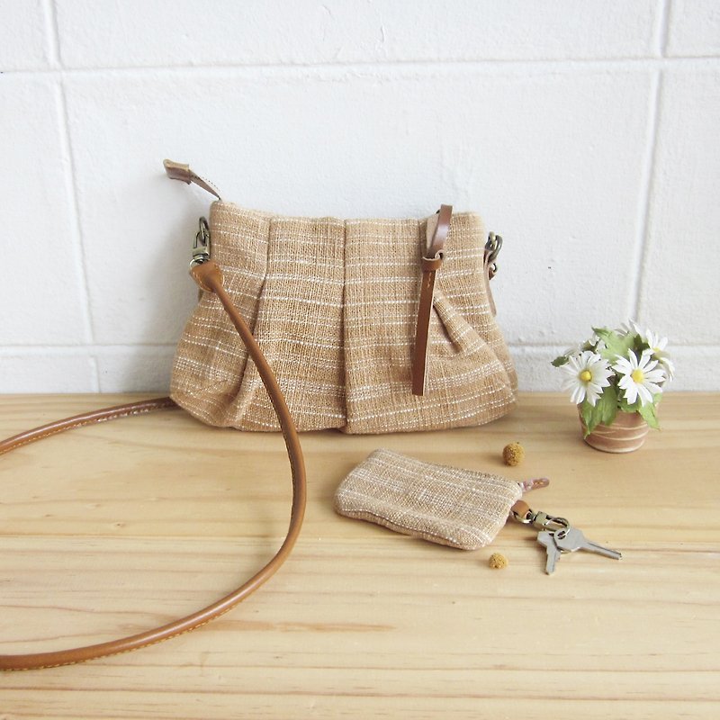 Goody Bag / A Set of Cross-body Bags Mini Skirt XS with Little Coin Bag in Natural-Tan Color Cotton - 侧背包/斜挎包 - 棉．麻 橘色