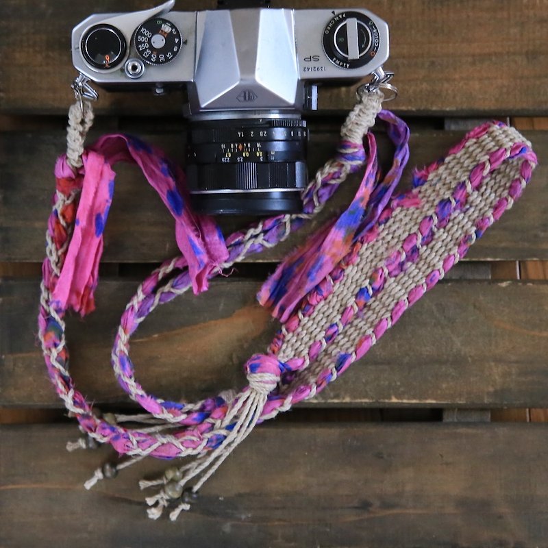 タイダイ染めサリーリボン麻紐ヘンプカメラストラップ/2重リング - 相机背带/脚架 - 棉．麻 粉红色