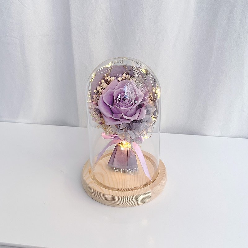 毕业礼物/定制化礼物 LED玫瑰小花束永生花玻璃钟罩-丁香紫 - 干燥花/捧花 - 植物．花 紫色