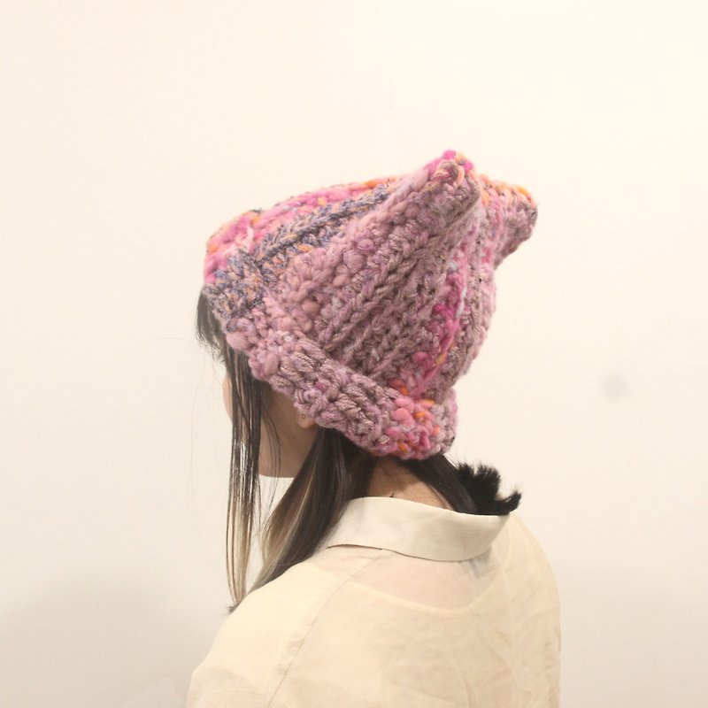 粉红 编织猫耳毛帽 - 帽子 - 羊毛 
