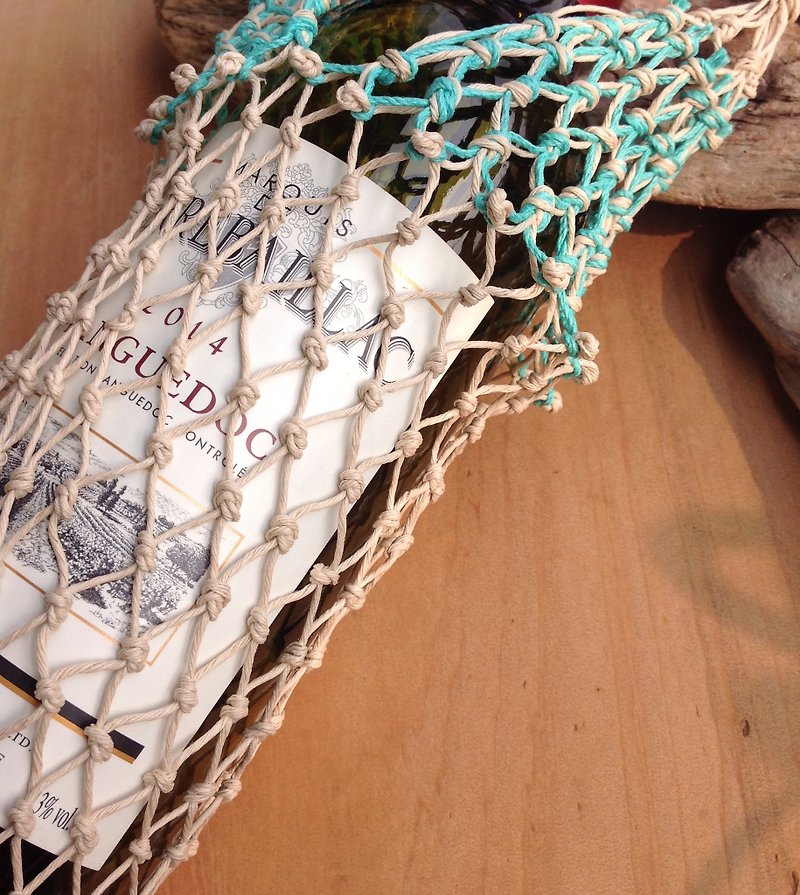 美国手工编织环保袋-原麻色和湖水蓝-手摇杯-咖啡杯-冰坝杯、酒袋 - 随行杯提袋/水壶袋 - 棉．麻 白色
