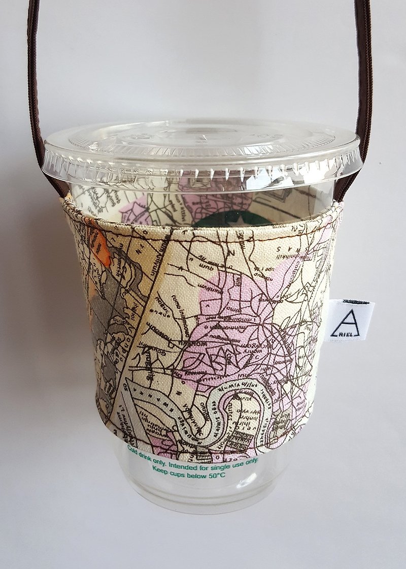 世界地图中性风格环保饮料杯袋 - 随行杯提袋/水壶袋 - 棉．麻 卡其色