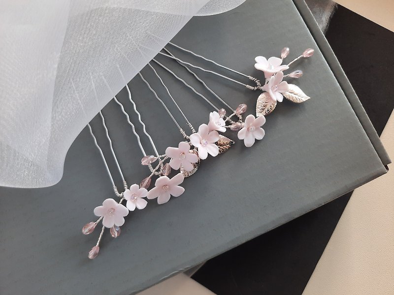 Pink flower hair pins, floral wedding jewelry, Sakura bridal head piece - 发饰 - 粘土 