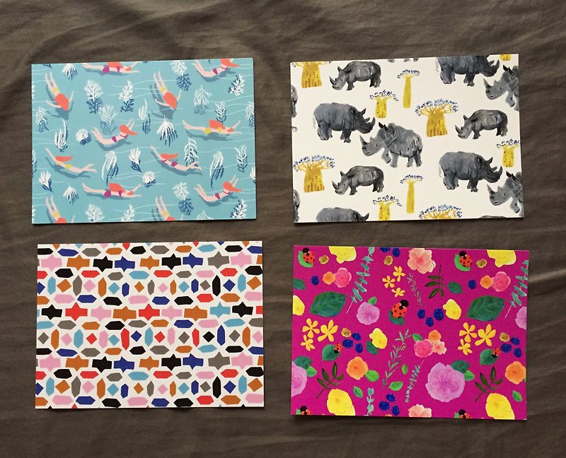 明信片组合: 游泳 犀牛与面包树 马赛克花砖 瓢虫 - 卡片/明信片 - 纸 多色