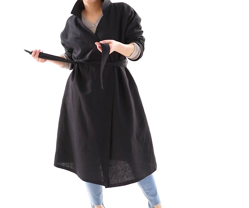 暖リネンドロップショルダー 襟付きコート紐付き/ブラック a005b-bck3 - 女装休闲/机能外套 - 棉．麻 黑色
