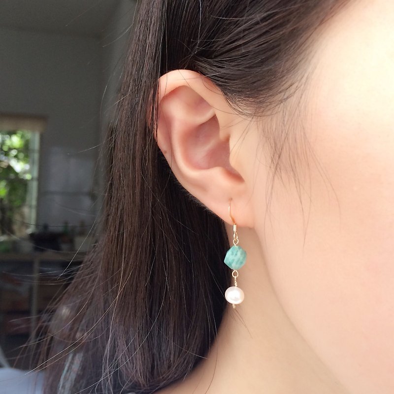 天然水晶 彩宝珍珠耳环 多角切面水晶 14K包金材质 - 耳环/耳夹 - 宝石 