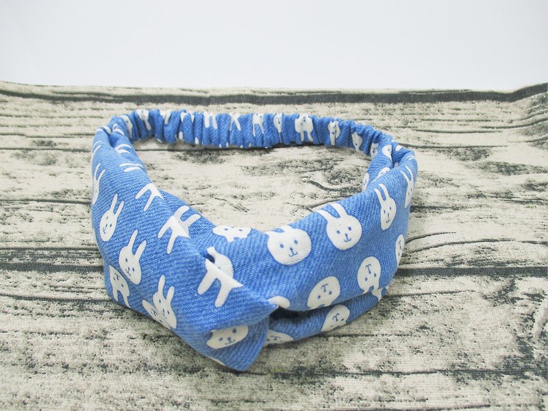 可爱兔兔(蓝)：日本二重纱手工松紧交叉发带. 成人款发带. - 发饰 - 棉．麻 蓝色