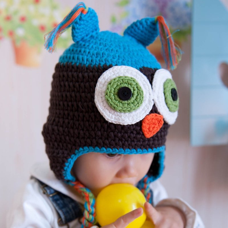Cutie Bella手工编织帽Owl-Aqua/Brown - 婴儿帽/发带 - 棉．麻 蓝色
