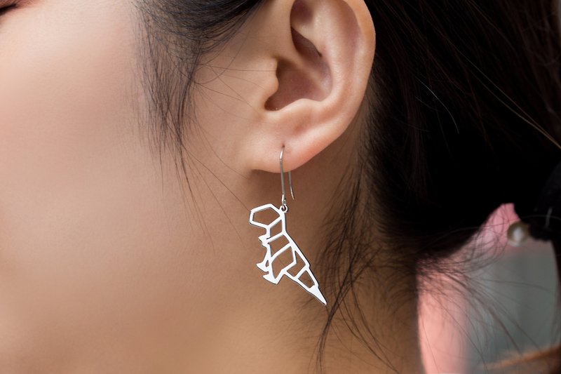 抗敏医疗钢 几何耳环系列-恐龙(单边/一对)-可改夹式 - 耳环/耳夹 - 不锈钢 银色
