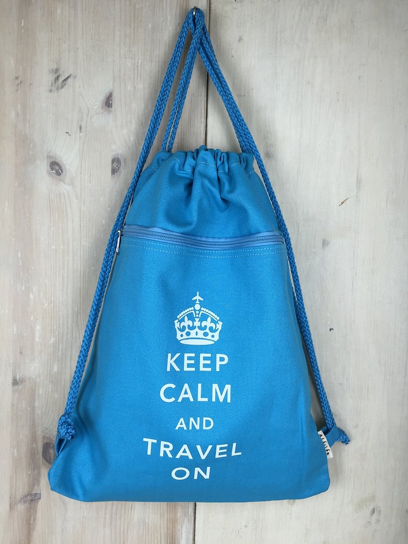 Keep Calm and Travel On 帆布束口背包系列 (天空蓝) - 束口袋双肩包 - 棉．麻 蓝色