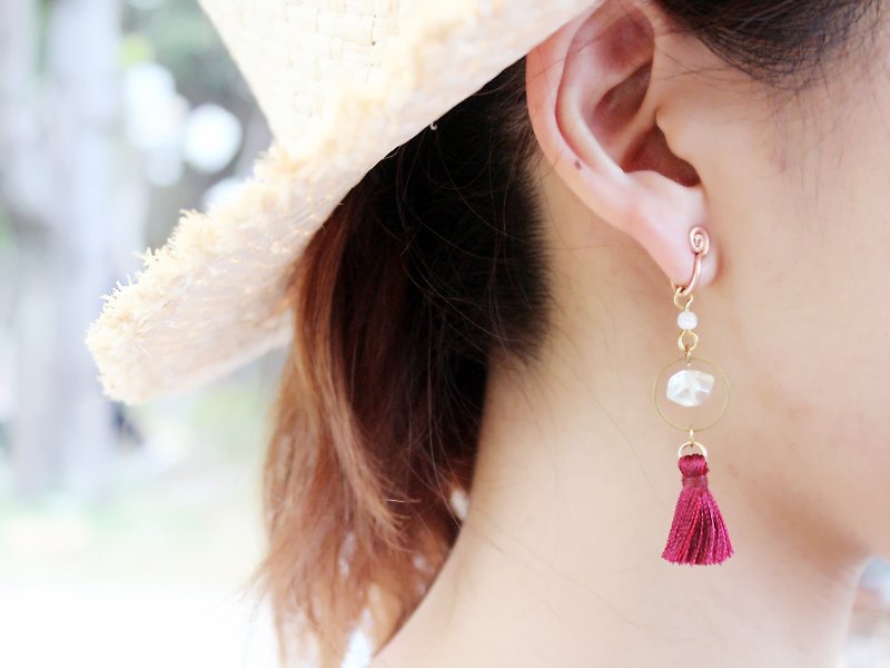 天然石流苏耳环 (单支) - 耳环/耳夹 - 其他材质 红色