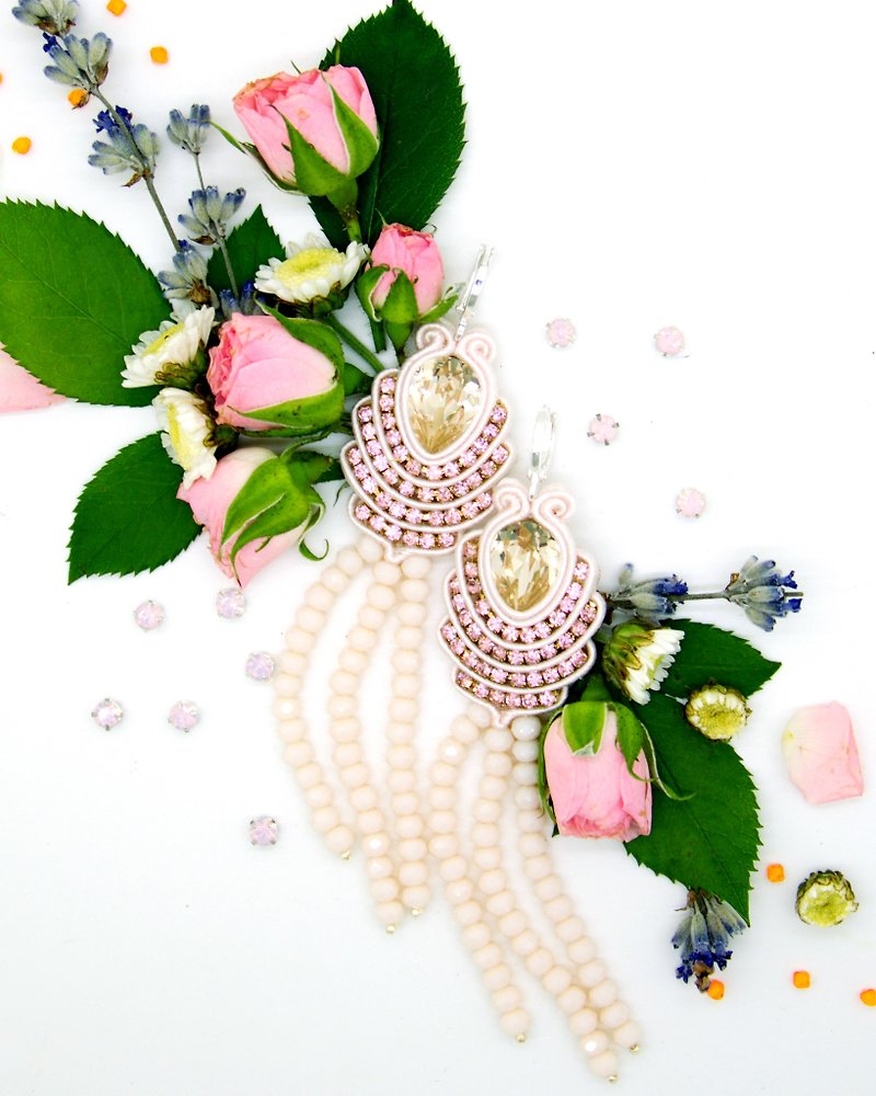 Earrings Long earrings with beaded tassel and Swarovski stonesChristmas Gift Wra - 耳环/耳夹 - 其他材质 粉红色