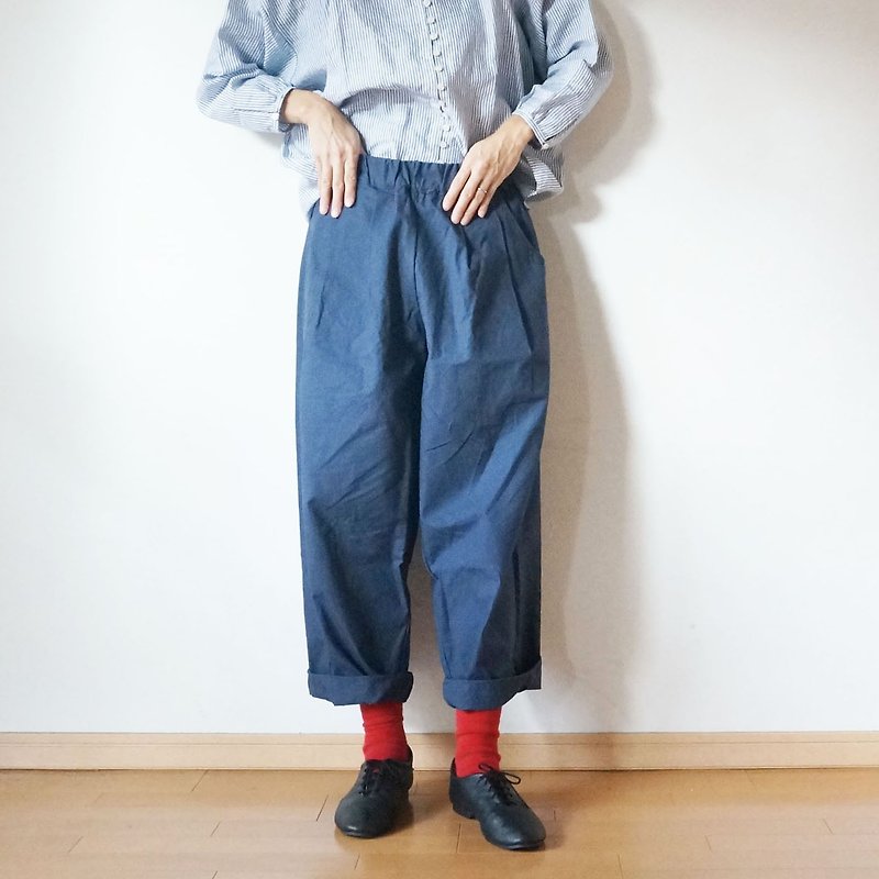 Cotton antique tuck pants NAVY - 女装长裤 - 棉．麻 蓝色
