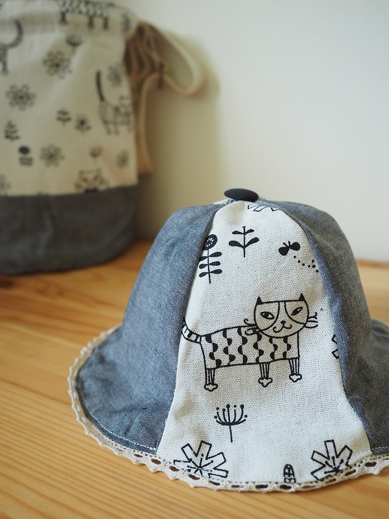 双面棉质灰色小猫图案x灰色几何图案帽子 尺寸适合婴儿小童成人 - 帽子 - 棉．麻 灰色