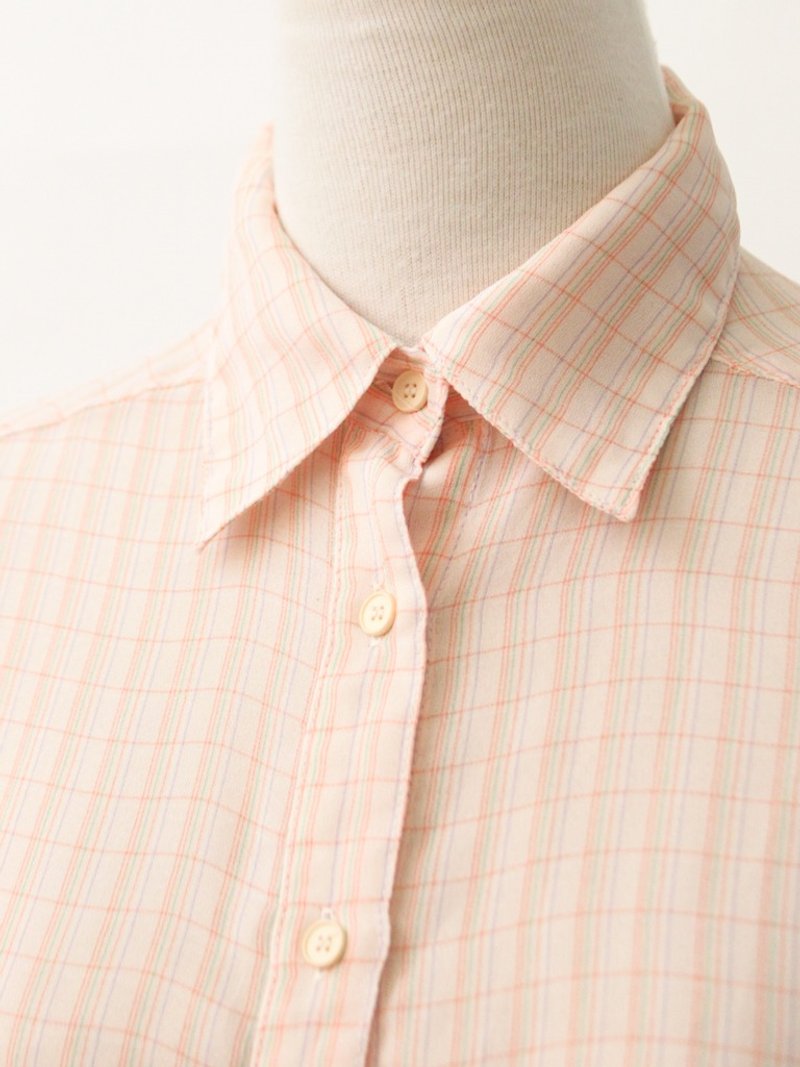 复古日本制甜美可爱粉橘色薄格子格纹古着衬衫 - 女装衬衫 - 聚酯纤维 橘色