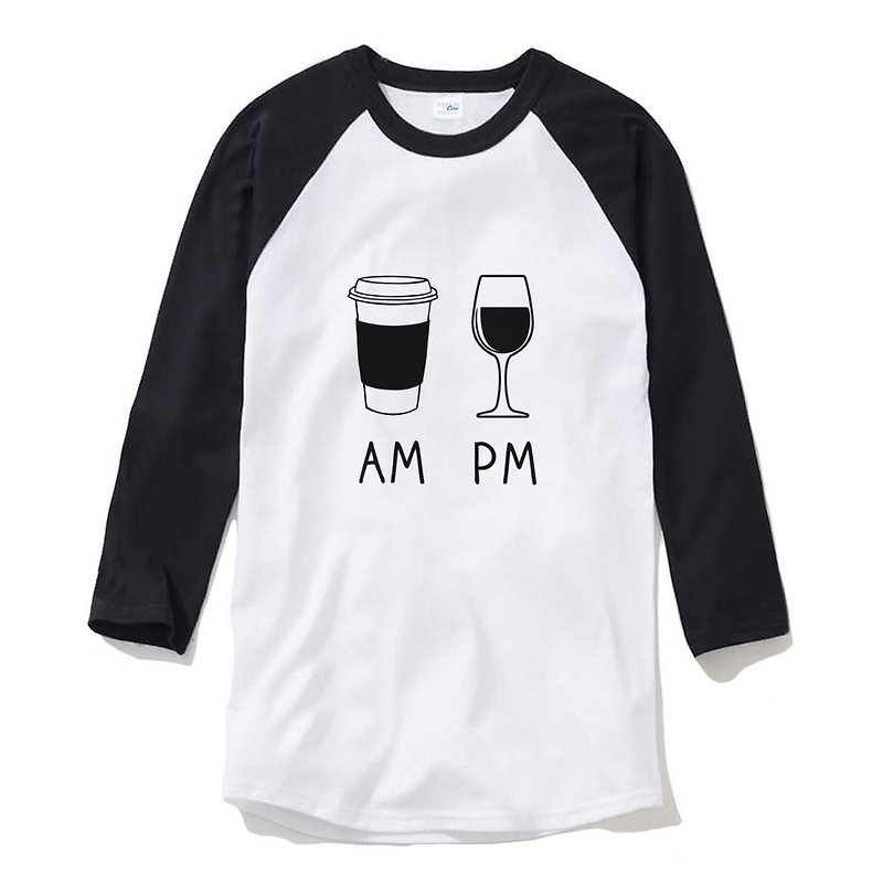 COFFEE AM WINE PM 中性 七分袖T恤 白黑色 咖啡 酒 插画 礼物 - 男装上衣/T 恤 - 棉．麻 白色