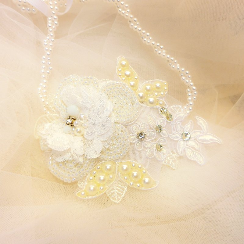 古典优雅水钻蕾丝 珍珠发带头环-C-0009-2 - 发饰 - 绣线 白色