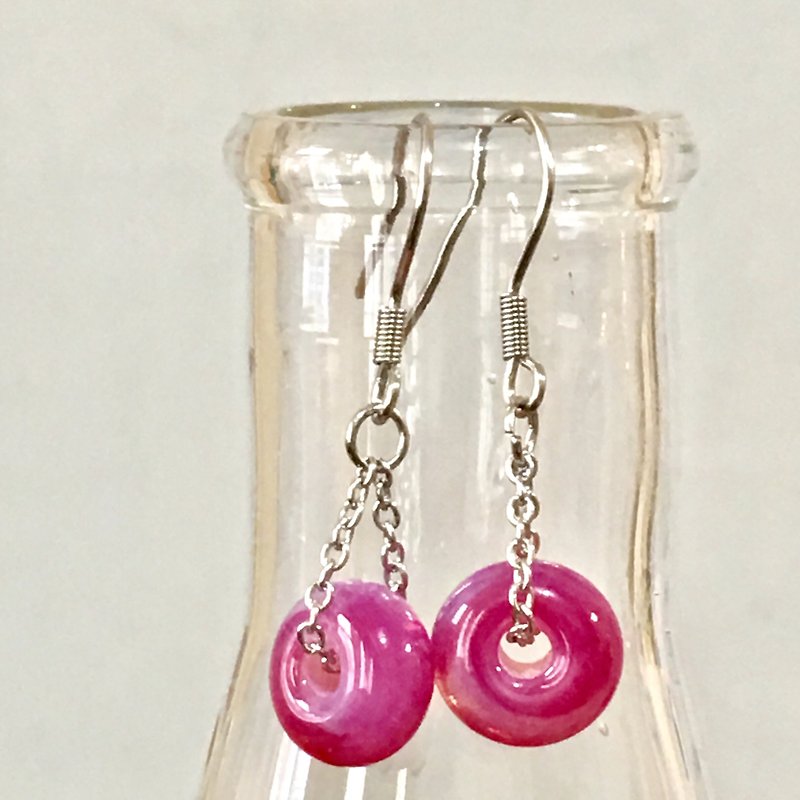 纯色系列-深粉不透明琉璃耳环 - 耳环/耳夹 - 玻璃 粉红色