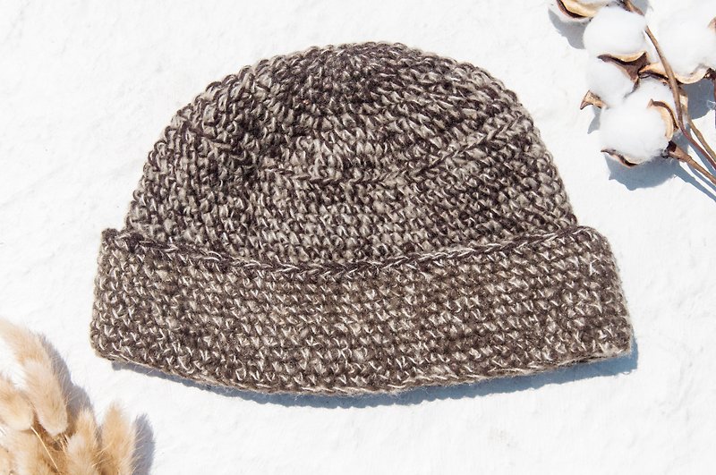 手工编织纯羊毛帽/编织帽/针织毛帽/内刷毛手织毛帽/毛线帽-拿铁 - 帽子 - 羊毛 咖啡色