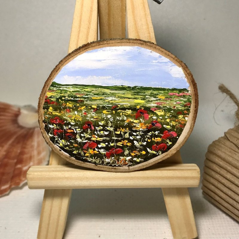 Meadow Daisy flower wood painting original wildflowers original small painting - 玩偶/公仔 - 木头 红色