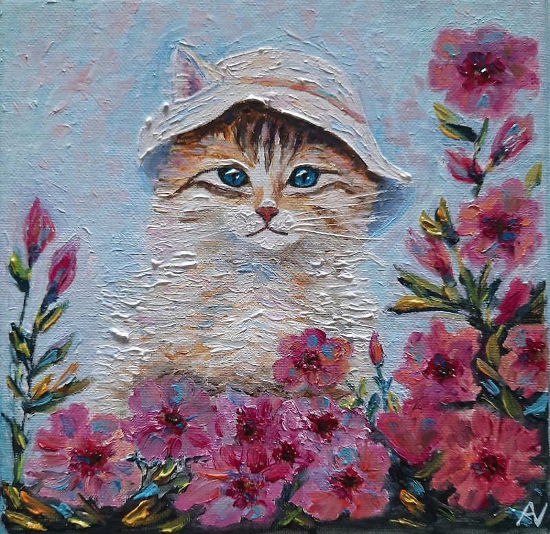 猫咪原创油画，帽子里的小猫墙艺术，迷你厚涂手工礼物 - 墙贴/壁贴 - 环保材料 多色
