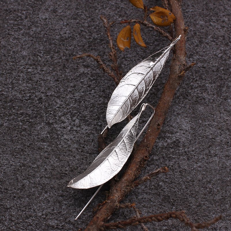 桂花叶纯银耳环 长耳针 叶系列 - 耳环/耳夹 - 纯银 银色