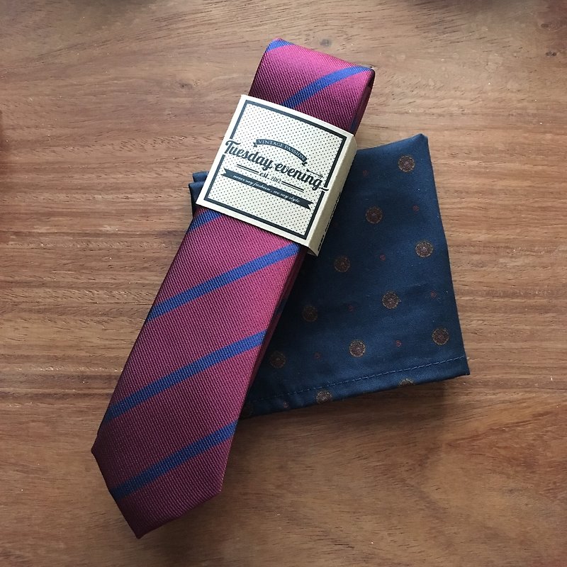 Red Blue Skinny Stripe Tie Set w/ Pocket Square - 领带/领带夹 - 棉．麻 红色