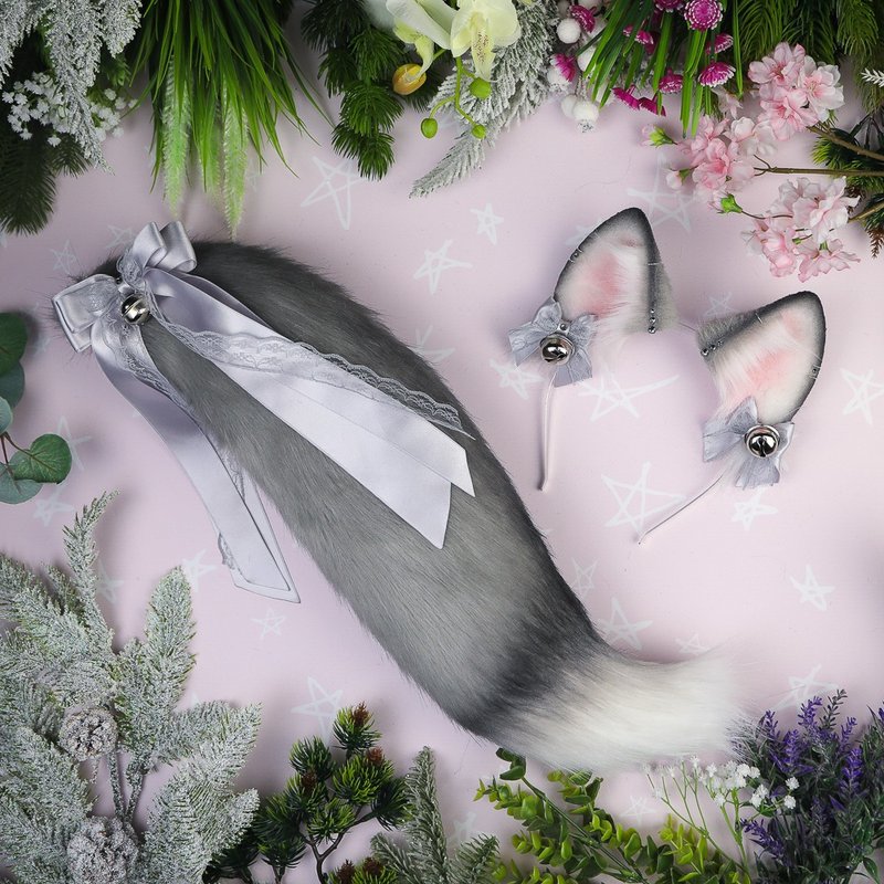 Grey Fox Ears and Tail Set - 发饰 - 其他材质 灰色