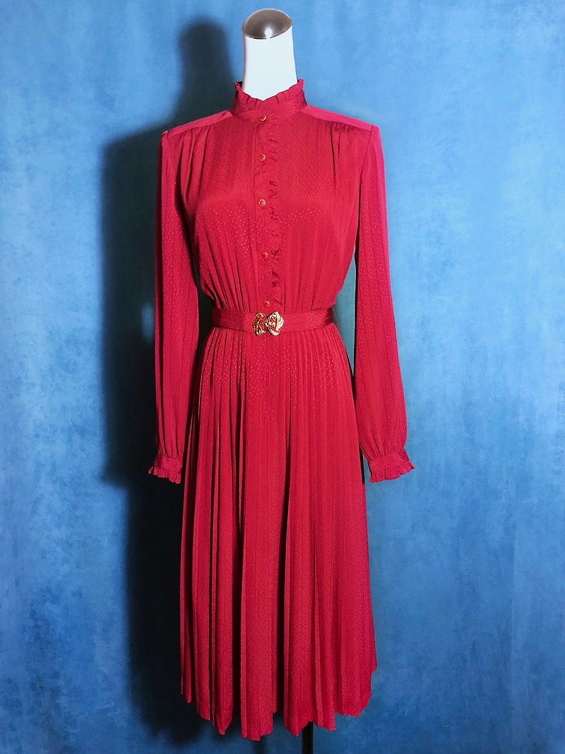 荷叶领织纹长袖古着洋装/ 国外带回 VINTAGE - 洋装/连衣裙 - 聚酯纤维 红色