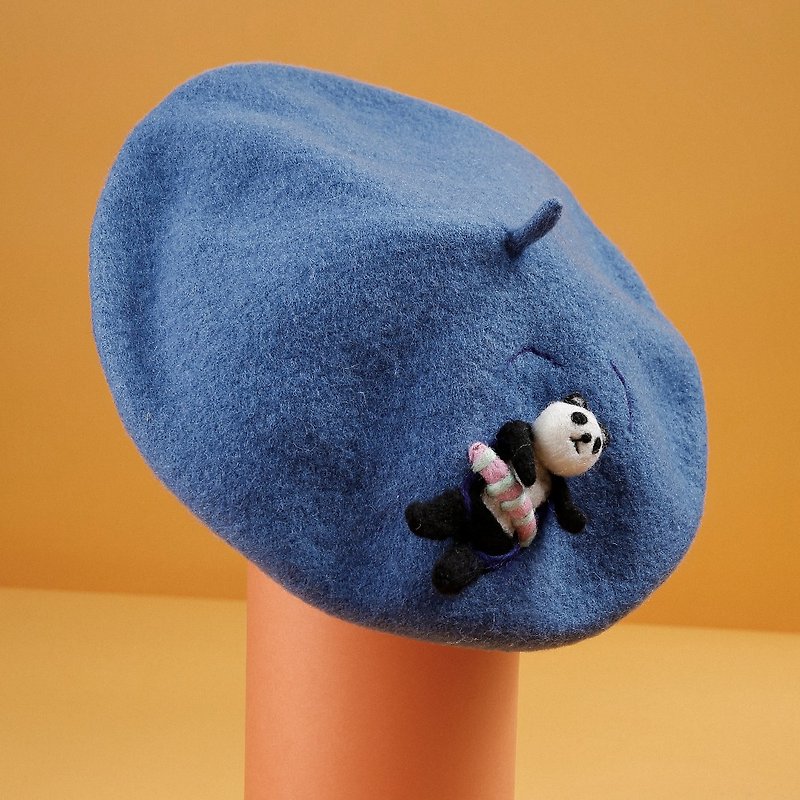 轲人原创设计手工羊毛毡制作游泳的熊猫贝雷帽画家帽女士帽蓓蕾帽 - 帽子 - 羊毛 