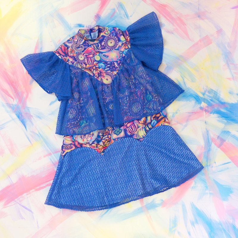 蓝点刺绣拼插画图案蝙蝠袖连身裙 - 洋装/连衣裙 - 聚酯纤维 蓝色