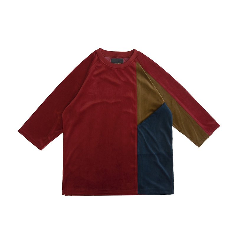 丝绒三色剪接七分袖T恤-岁末惊喜 - 男装上衣/T 恤 - 其他人造纤维 红色