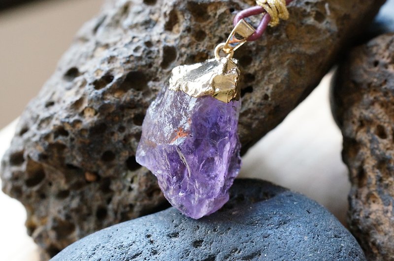粉红紫晶原石皮绳颈链 ( Amethyst Raw Stone Leather Necklace ) - 项链 - 宝石 紫色