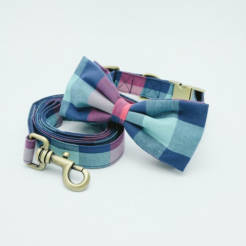 Bowtie Collar with Leash - Plaid Collection Red / Green. - 项圈/牵绳 - 其他材质 多色