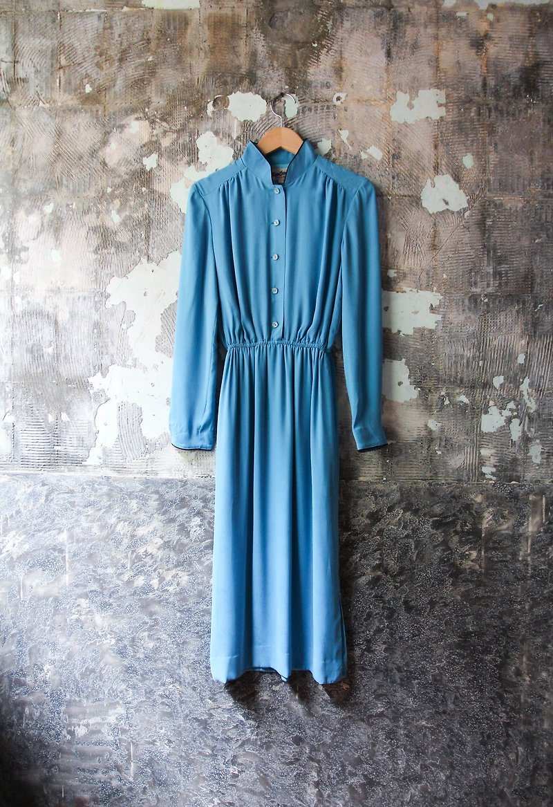 袅袅百货公司-Vintage 水蓝色浮水花纹长袖洋装  复古着 - 洋装/连衣裙 - 聚酯纤维 