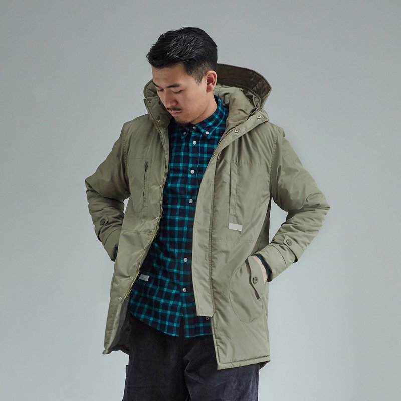 THREADESIGN LONG QUILTED RAINCOAT 防风拉链连帽中长款夹棉外套 - 男装外套 - 聚酯纤维 绿色