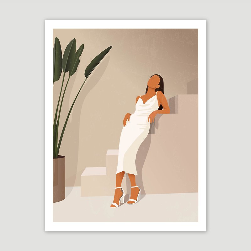 Beautiful woman in a white dress, electronic file, boho style art, beige decor - 海报/装饰画/版画 - 其他材质 咖啡色