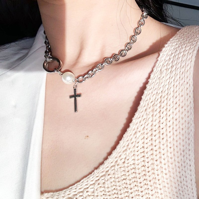 【SoLight盐青】SL265、SL266珍珠十字架紧锁设计感项链 - 项链 - 其他材质 银色